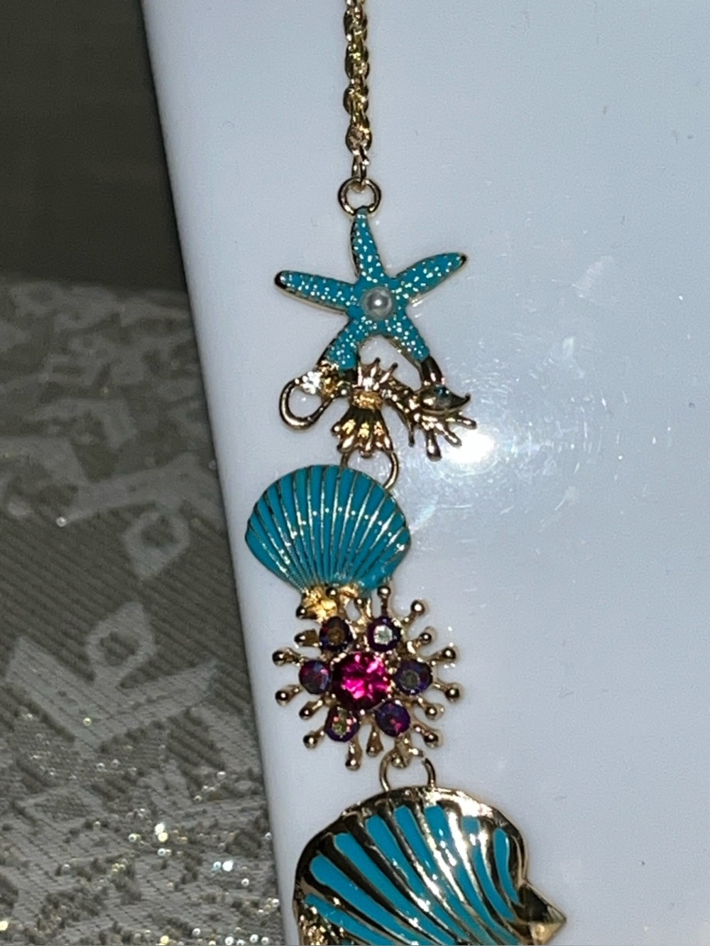 Chic Beach Turquoise Starfish Rhinestone Pearl Mermaid Seashell Necklace NEW! - Picture 4 of 7